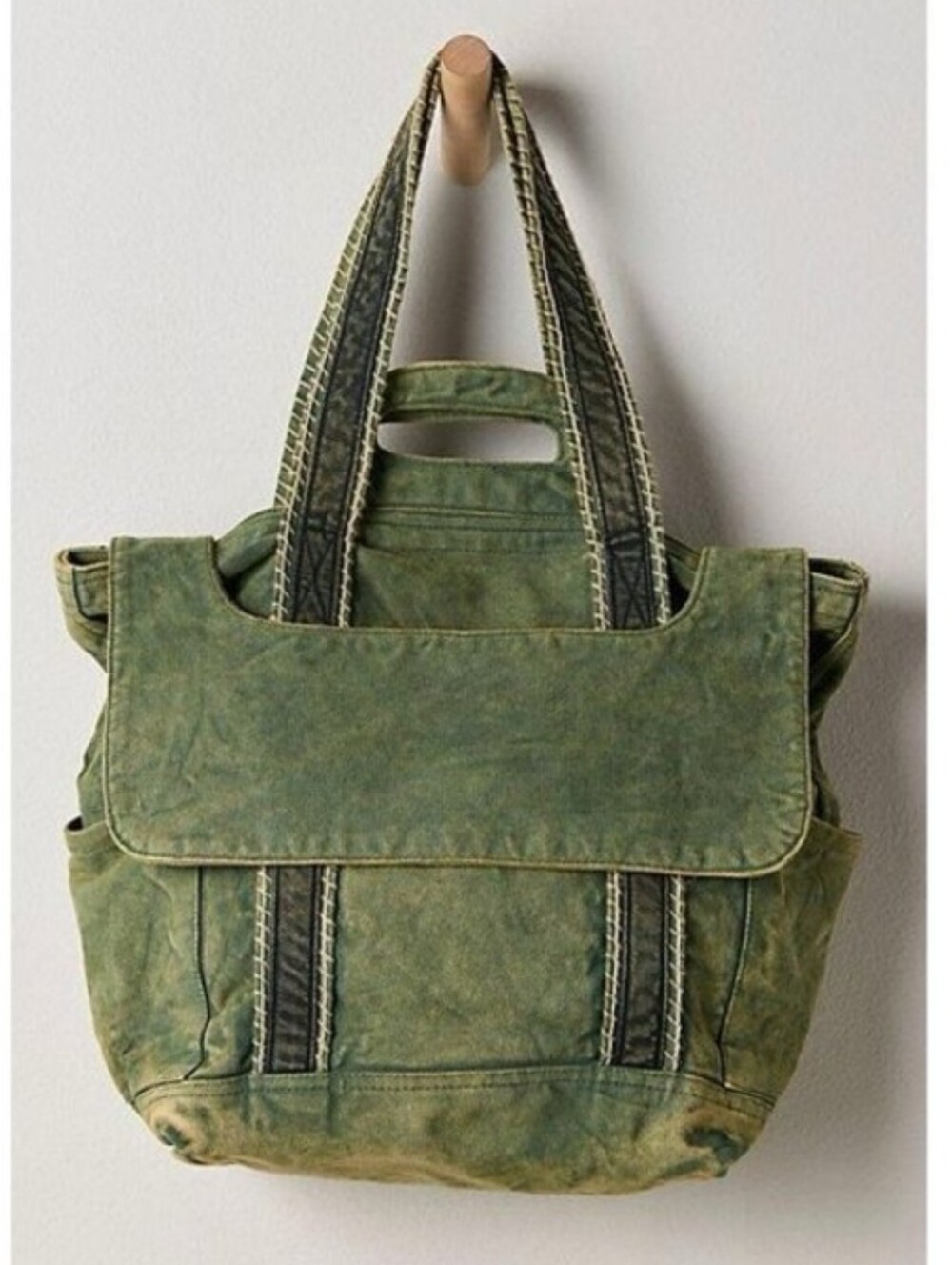 Free People Washed Olive Green Canvas Tote Bag Purse With Flap
